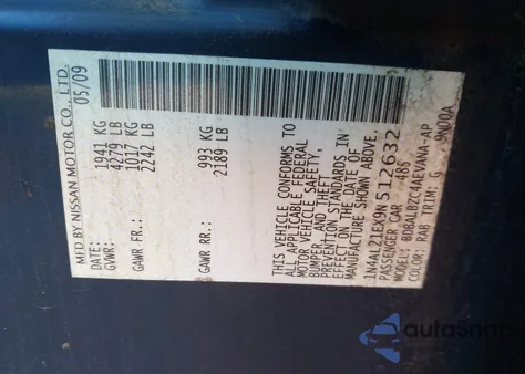 2009 Nissan Altima 2.5 S from USA, damaged, VIN 1N4AL21EX9N512632